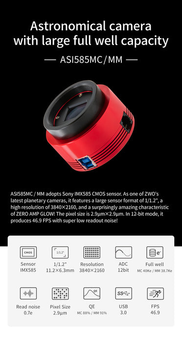 ZWO ASI585MM 8.29 MP CMOS Monochrome Camera