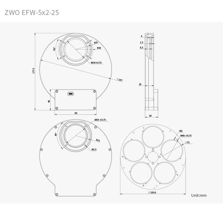 ZWO EFW 5x2" (2025) 5-Position Precision Electronic Filter Wheel
